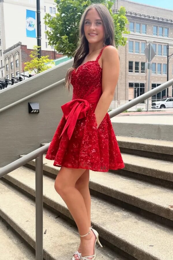 Red Lace Sequins A Line Short Homecoming Dresses, MH680