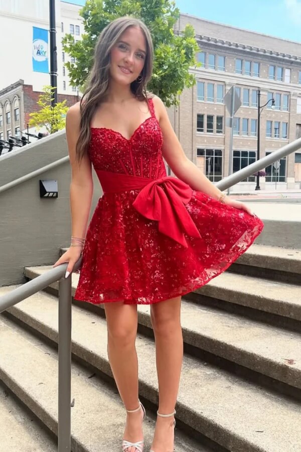 red graduation dresses short Red Lace Sequins A Line Spaghetti Straps Short Homecoming Dresses, MH680