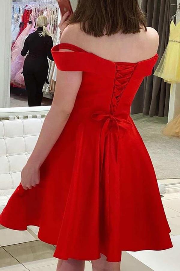 Red Satin A-line Off-the-Shoulder Homecoming Dress MH595 | Musebridals Red Satin A-line Off-the-Shoulder Homecoming Dress MH595 | Musebridals