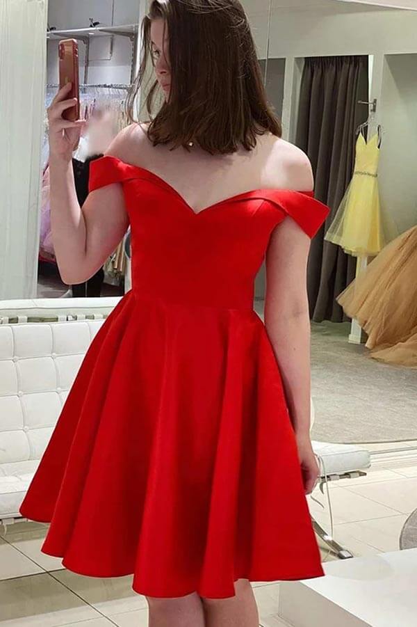 Red Satin A-line Off-the-Shoulder Sweetheart Short Homecoming Dress, MH595 Red Satin A-line Off-the-Shoulder Sweetheart Short Homecoming Dress, MH595