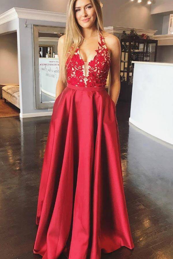 slim fit dress slacks Red Satin A Line Halter Lace Appliques Long Prom Dresses With Pocket, MP1054