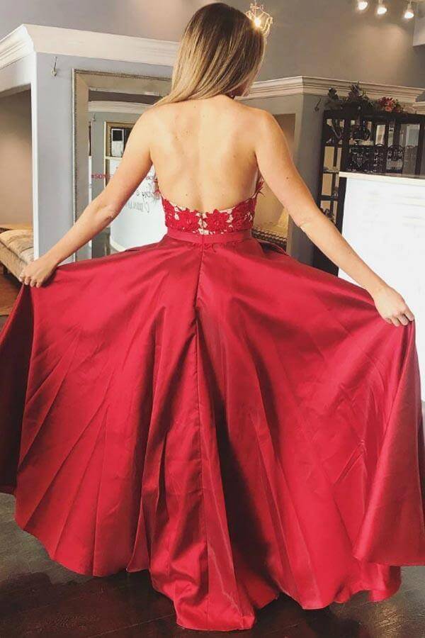 halter prom dress with pockets Red Satin A Line Halter Lace Appliques Long Prom Dresses With Pocket, MP1054
