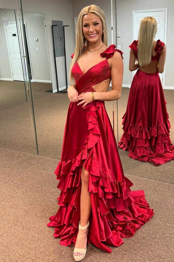 Red Satin Criss Cross Top Straps Prom Dress, MP1119