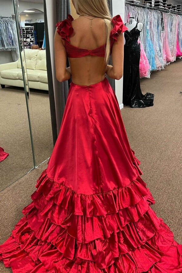 Red Satin Criss Cross Top Ruffled Straps Pleated Long Prom Dresses With Slit, MP1119