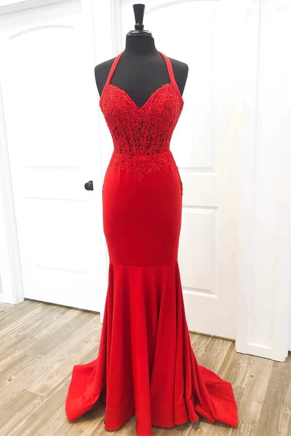 open lace back dress Barber Red Halter Neck Party Mini Dress - US 18