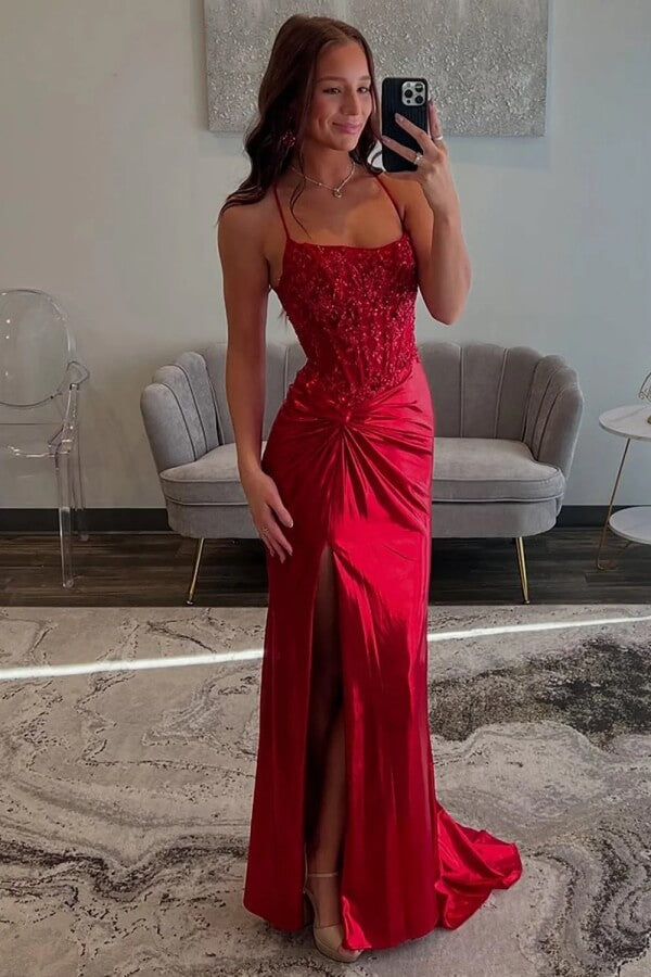 prom dresses ruched Red Satin Sheath Spaghetti Straps Long With Appliques, MP1122 Essense of Australia Spring The structured corset masela Size:8 Count