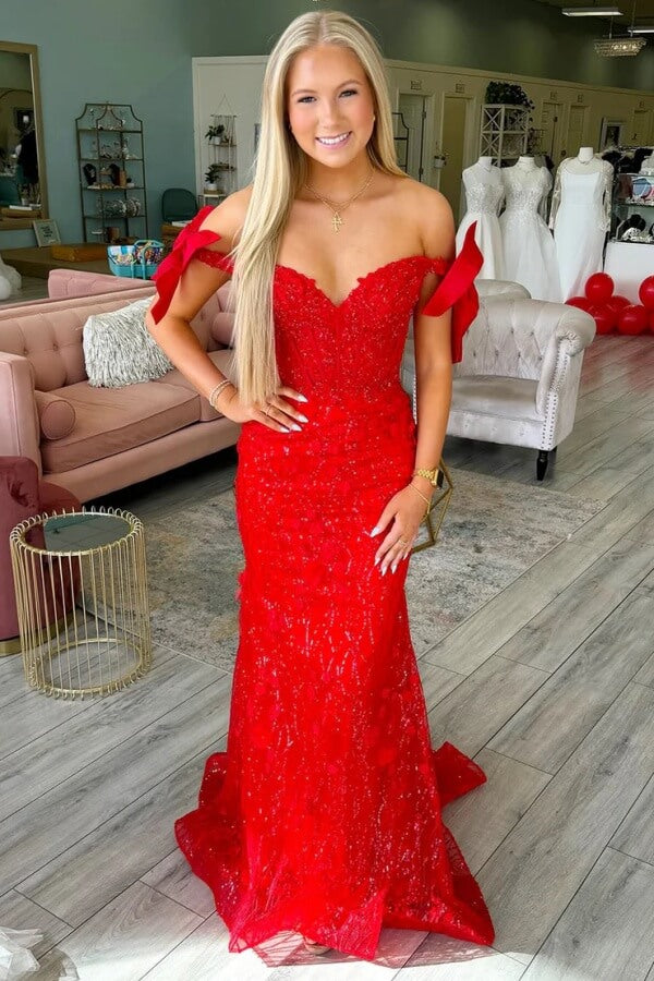 Red Sequins Mermaid Off Shoulder Prom Dresses, MP1052