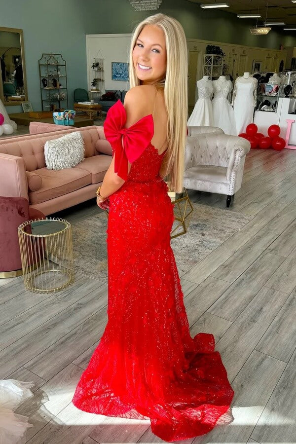 strapless open back dress A Line V Neck Beaded Red Satin Long Prom Dress with Train, Long Red Fo –  abcprom main image 0