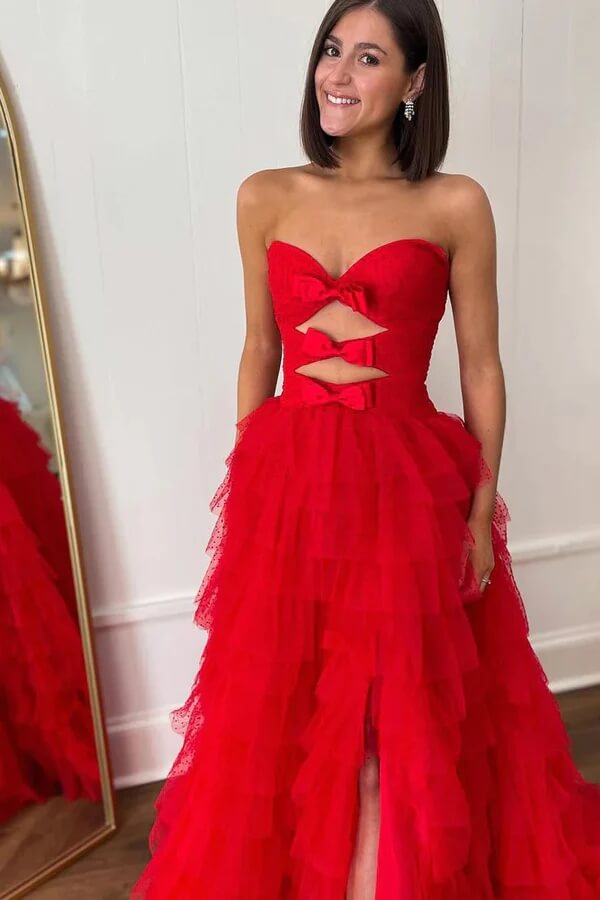 Red Tulle A-line Strapless Layers Bows Prom Dress, MP928 | Musebridals Red Tulle A-line Strapless Layers Bows Prom Dress, MP928 | Musebridals