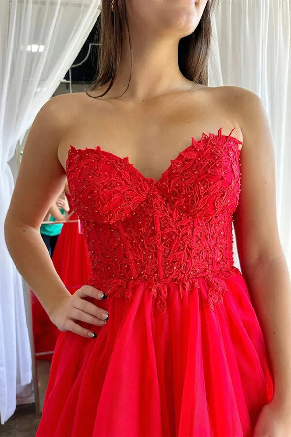 Red Tulle A-line Sweetheart Prom Dresses With Ruffles, Party Dresses, MP919
