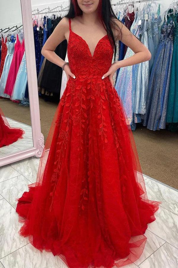 Red Tulle A-line V-neck Lace Appliques Long Prom Dresses, Party Dresses, MP837 Red Tulle A-line V-neck Lace Appliques Long Prom Dresses, Party Dresses, MP837