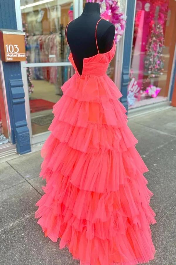 Red Tulle A-line V-neck Layers Long Prom Dresses, MP951 | Musebridals Red Tulle A-line V-neck Layers Long Prom Dresses, MP951 | Musebridals