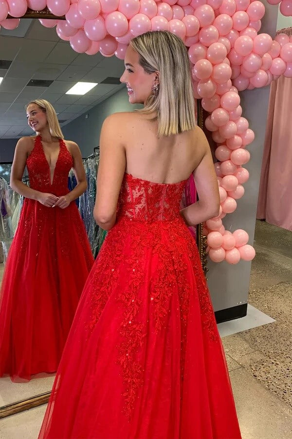 Red Tulle A Line V Neck Beaded Long Prom Dresses With Lace Appliques, MP1057 | prom dress online | prom dress stores | new arrival prom dress | musebridals.com