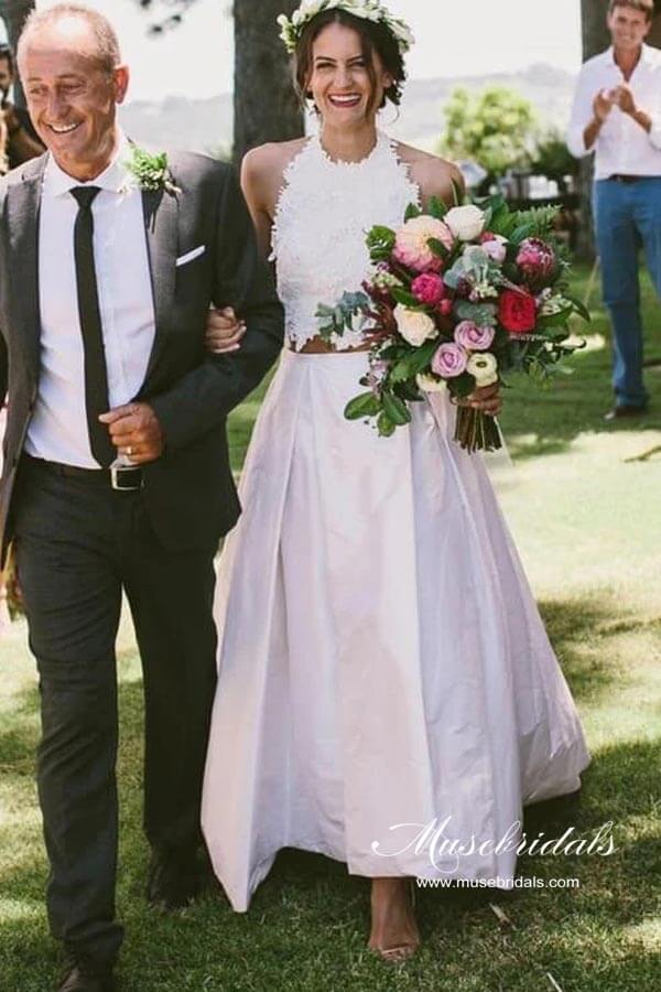 Romantic Lace Top Two Piece Halter Wedding Dresses, Bridal Gown, MW981