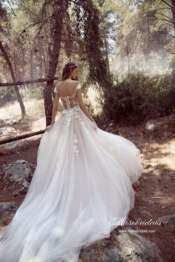 Tulle Ivory A-line Cap Sleeves Wedding Dresses, MW1061 | Musebridals Tulle Ivory A-line Cap Sleeves Wedding Dresses, MW1061 | Musebridals