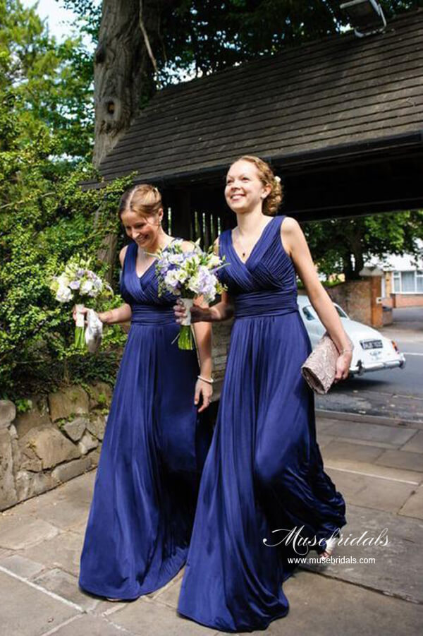white christmas dresses Royal Blue Chiffon A-line V-neck Long Pleated Bridesmaid Dresses, MBD278