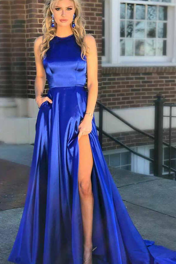 Royal Blue Satin A-line Round Neck Slit Prom Dress MP829 | Musebridals Royal Blue Satin A-line Round Neck Slit Prom Dress MP829 | Musebridals