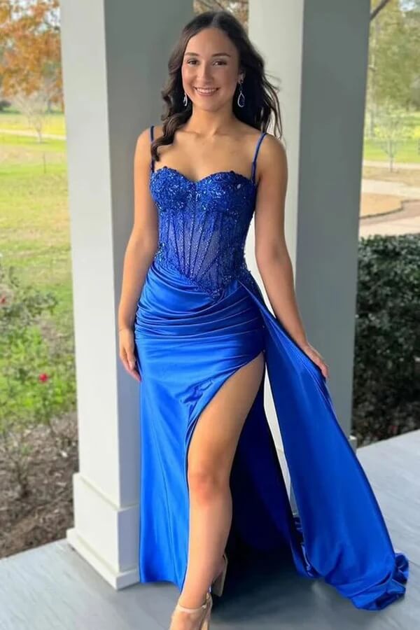 strapless open back dress V-neckline Royal Blue Prom Dress with Lace Appliques Bodice – loveangeldress main image 0