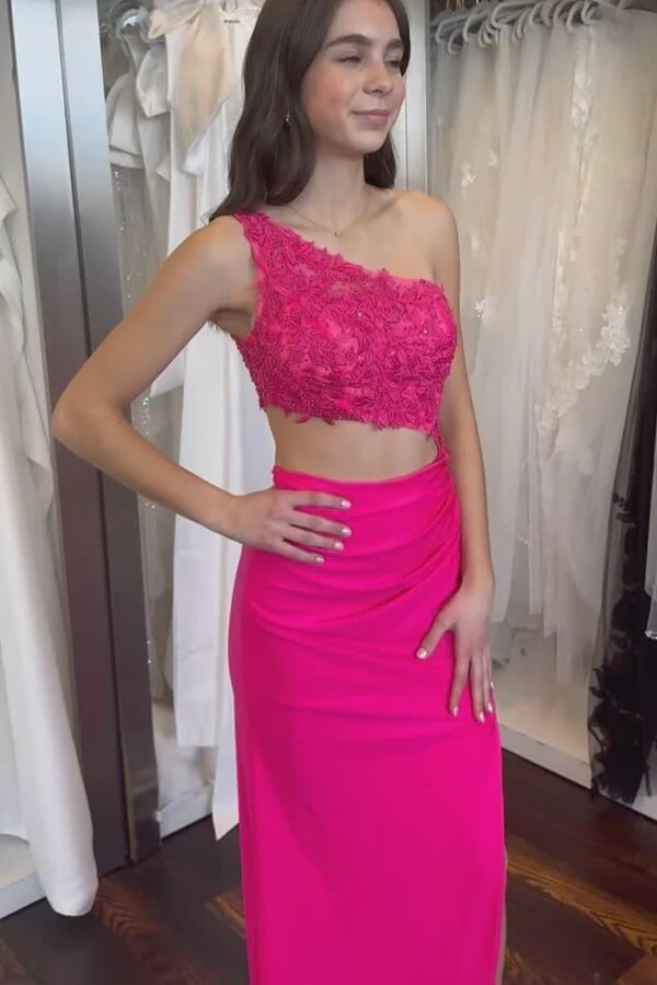 Royal Blue Satin One Shoulder Lace Appliques Prom Dresses With Slit, MP1047 | fuchsia prom dress | pink prom dress | long formal dress | musebridals.com