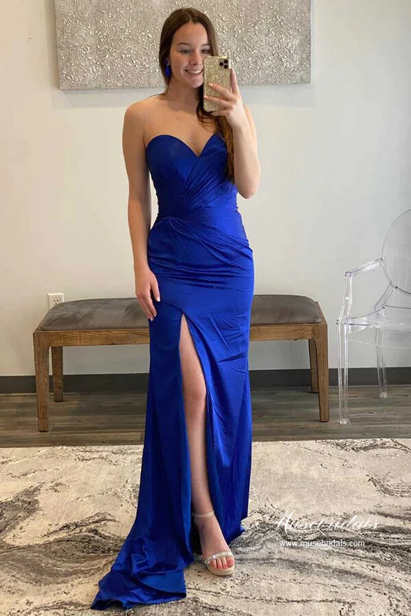 Royal Blue Satin Sheath Sweetheart Prom Dresses, MP897 | Musebridals Royal Blue Satin Sheath Sweetheart Prom Dresses, MP897 | Musebridals