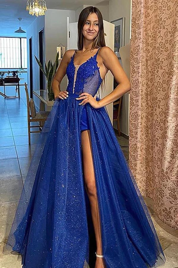 green emerald velvet dress Royal Blue Shiny A-line Lace Appliques Prom Dress, MP855