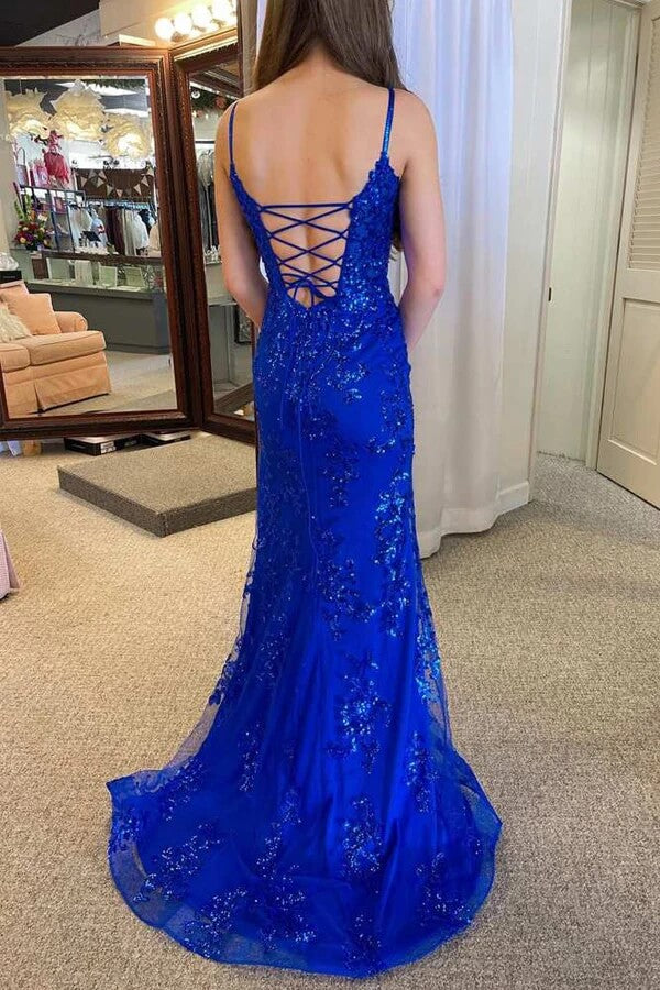 royal blue mermaid lace dress Royal Blue Tulle Mermaid V-neck Slit Prom Dresses, MP965