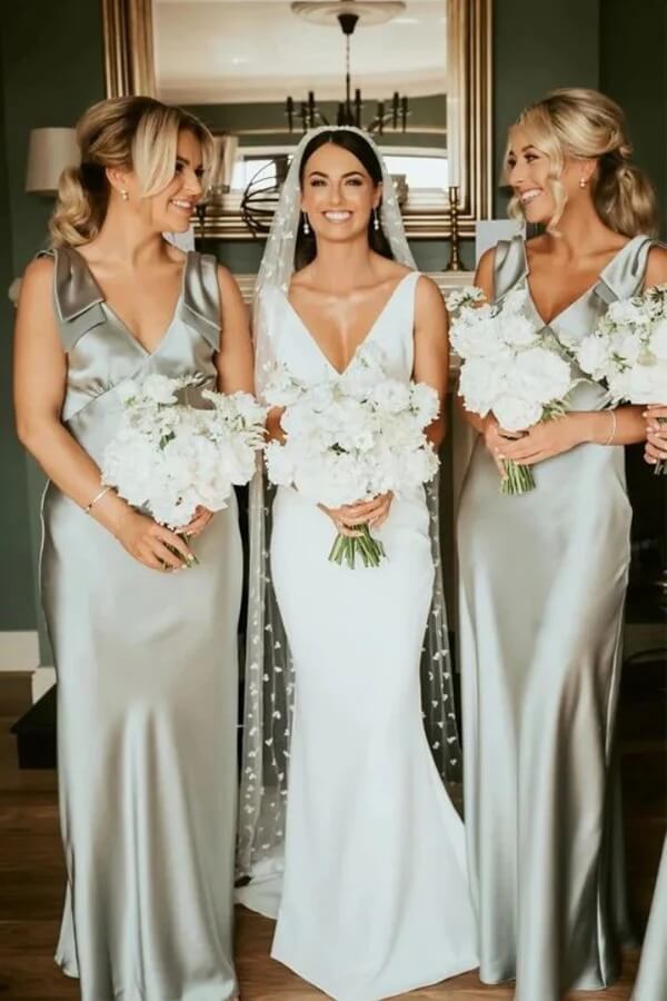 Sage Green Sheath V-neck Long Bridesmaid Dresses With Bow Tie, MBD270 Sage Green Sheath V-neck Long Bridesmaid Dresses With Bow Tie, MBD270