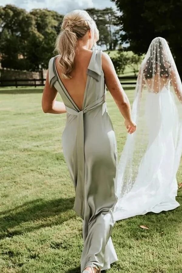 Sage Green Sheath V-neck Long Bridesmaid Dresses With Bow Tie, MBD270 Sage Green Sheath V-neck Long Bridesmaid Dresses With Bow Tie, MBD270