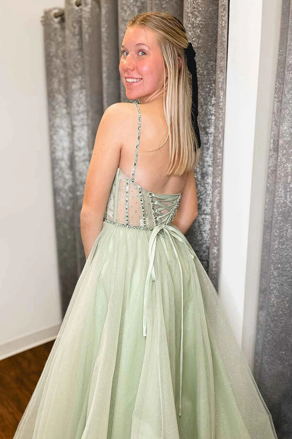 Sage Green Tulle A-line Beaded Prom Dress, MP945