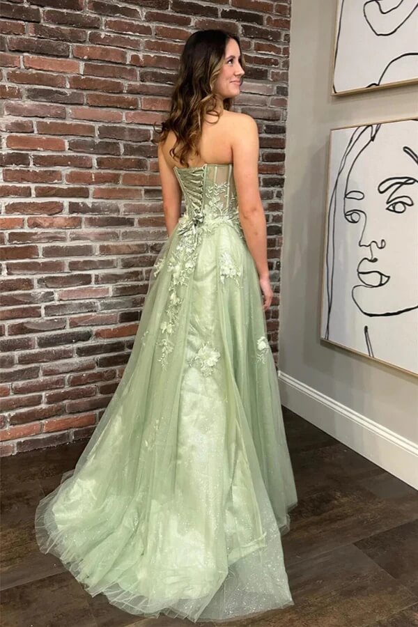 Sage Green Tulle A-line Strapless Sweetheart Neck Prom Dresses With Slit, MP936 | long prom dress online | new arrival prom dress | evening gown | musebridals.com