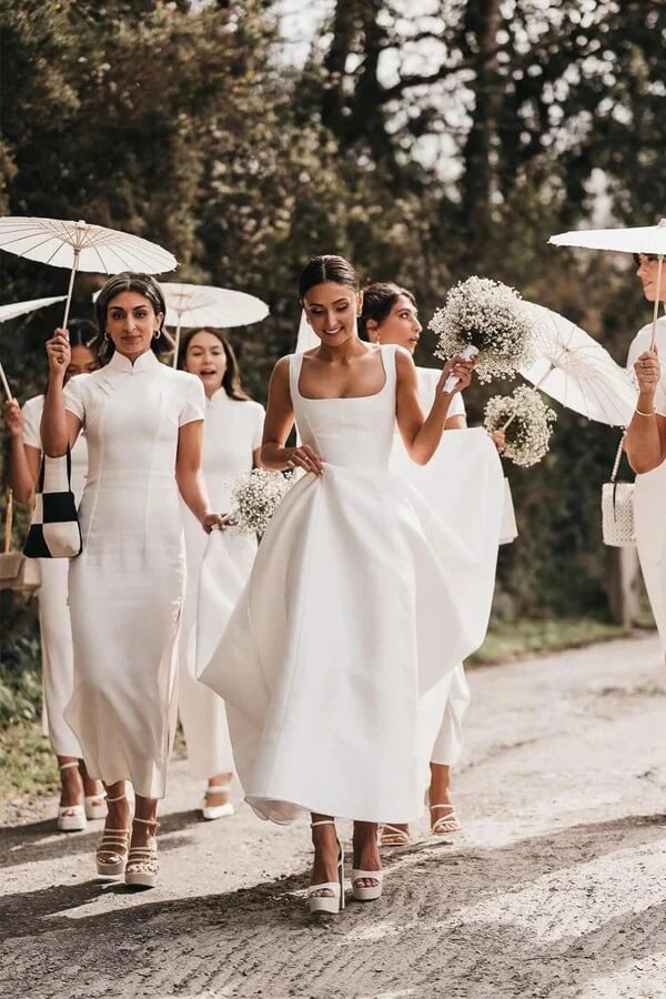a line square neck wedding dress Elegant Vintage A-Line Chiffon Summer Destination Floor-length Long Sleeve Bridal Gown with Button Back Sweep Train this dress features a vintage 44332: Square Neck Mikado A-Line
