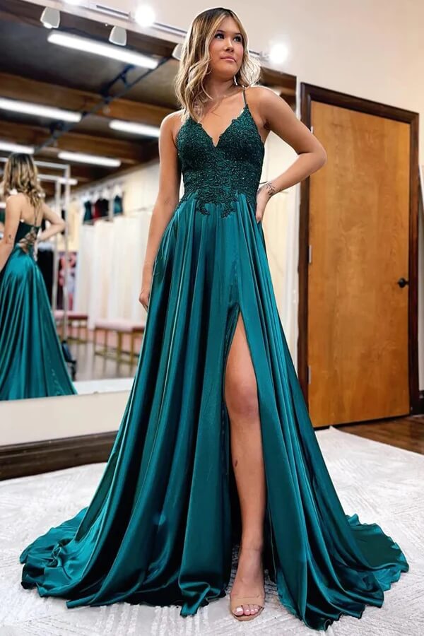 Satin A-line V-neck Spaghetti Straps Prom Dresses With Slit, Party Dress, MP918 Satin A-line V-neck Spaghetti Straps Prom Dresses With Slit, Party Dress, MP918