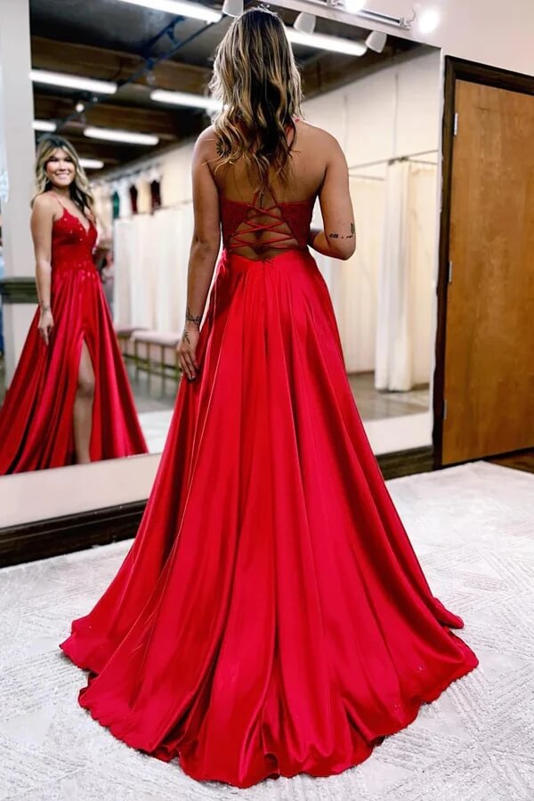 Satin A-line V-neck Spaghetti Straps Prom Dresses With Slit, Party Dress, MP918 | prom dress stores | prom dress near me | v neck prom dress | musebridals.com