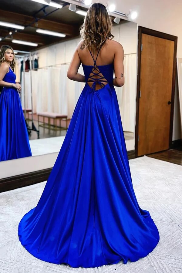 Satin A-line V-neck Spaghetti Straps Prom Dresses With Slit, Party Dress, MP918 | simple prom dress | evening dresses | prom dresses for teens | musebridals.com