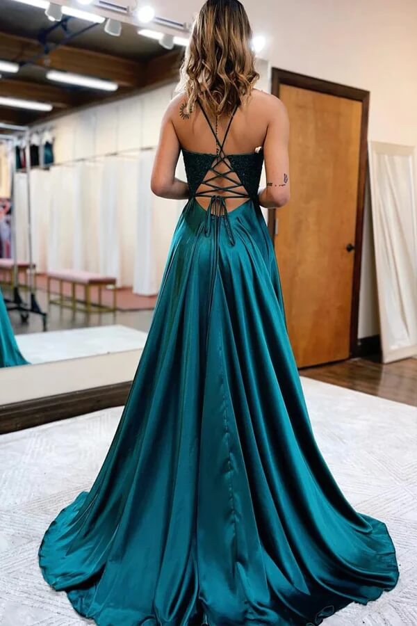 Satin A-line V-neck Spaghetti Straps Prom Dresses With Slit, Party Dress, MP918 Satin A-line V-neck Spaghetti Straps Prom Dresses With Slit, Party Dress, MP918