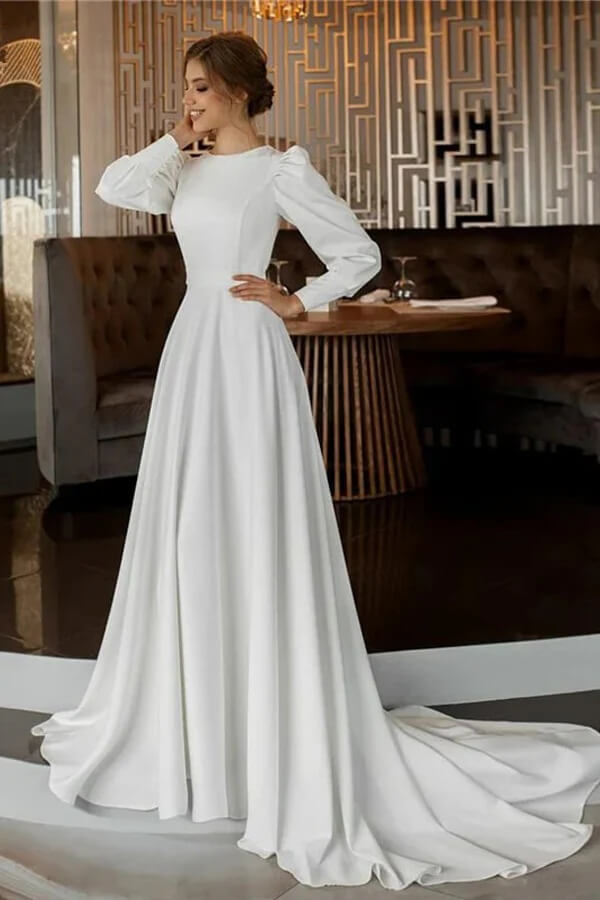 Satin A Line Long Sleeves Modest Wedding Dresses, MW1134 | Musebridals Satin A Line Long Sleeves Modest Wedding Dresses, MW1134 | Musebridals