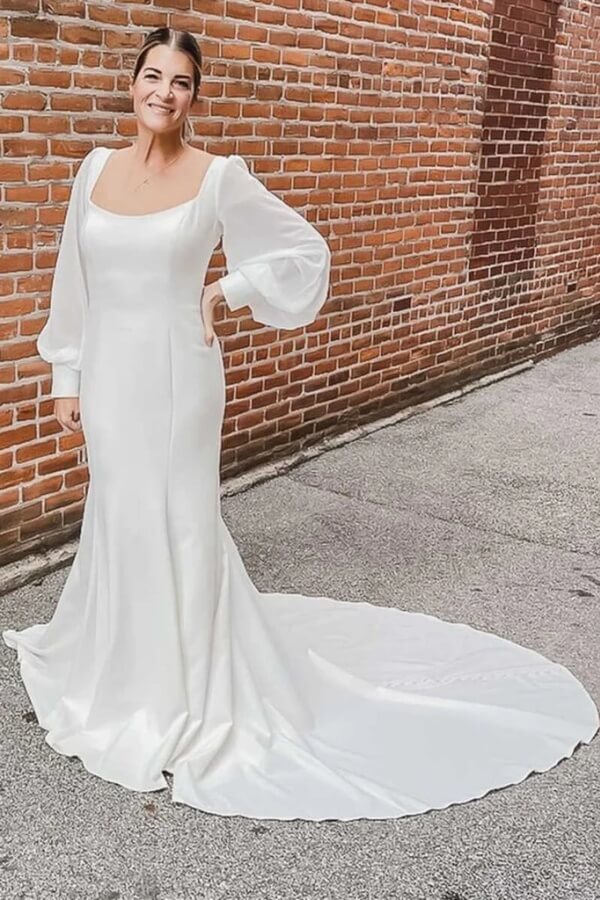 simple mermaid wedding dress with sleeves Square Neck Long Sleeve Mermaid Wedding Dress MW1174