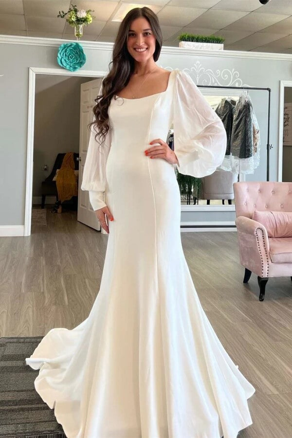 Square Neck Long Sleeve Mermaid Wedding Dress MW1174 Square Neck Long Sleeve Mermaid Wedding Dress MW1174