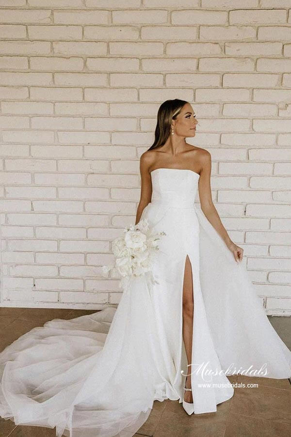 Satin Ball Gown Beaded Strapless Simple Wedding Dress With Side Slit, MW928 Satin Ball Gown Beaded Strapless Simple Wedding Dress With Side Slit, MW928