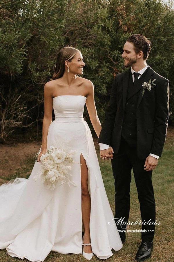 Satin Ball Gown Beaded Strapless Simple Wedding Dress With Side Slit, MW928 Satin Ball Gown Beaded Strapless Simple Wedding Dress With Side Slit, MW928