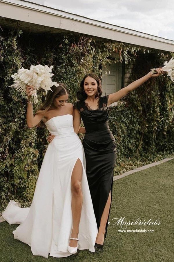 Satin Ball Gown Beaded Strapless Simple Wedding Dress With Side Slit, MW928 Satin Ball Gown Beaded Strapless Simple Wedding Dress With Side Slit, MW928