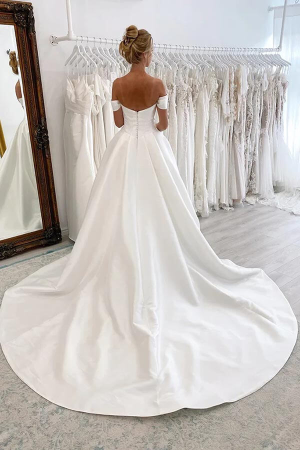 off the shoulder satin ball gown wedding dress Satin Ball Gown Wedding Dresses With Court Train, MW906