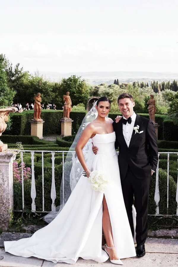 ball gown dresses for wedding Satin Ball Gown Strapless Slit Wedding Dresses, MW1114