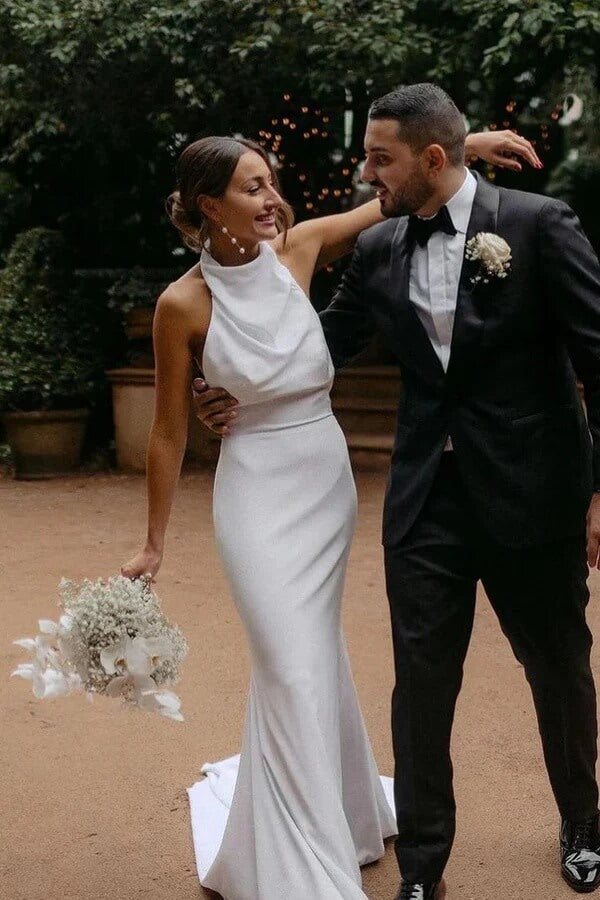 Satin Mermaid Halter Neck Backless Modest Simple Wedding Dresses, MW1042