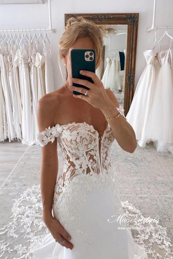 Satin Mermaid Off-the-Shoulder Wedding Dresses With Lace Appliques, MW872 | lace wedding gown | bohemian wedding dresses | wedding dresses online | musebridals.com