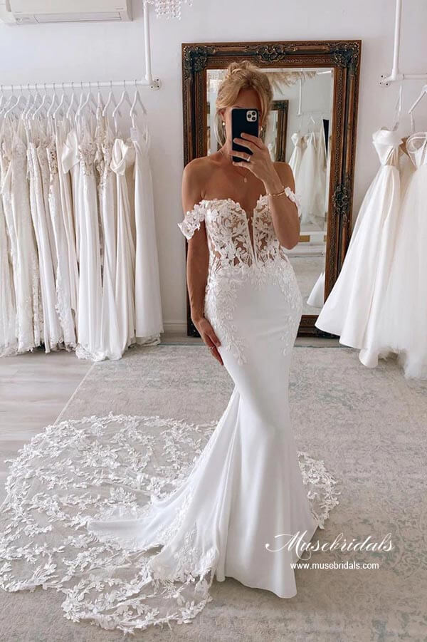 Satin Mermaid Off-the-Shoulder Wedding Dresses With Lace Appliques, MW872 Satin Mermaid Off-the-Shoulder Wedding Dresses With Lace Appliques, MW872