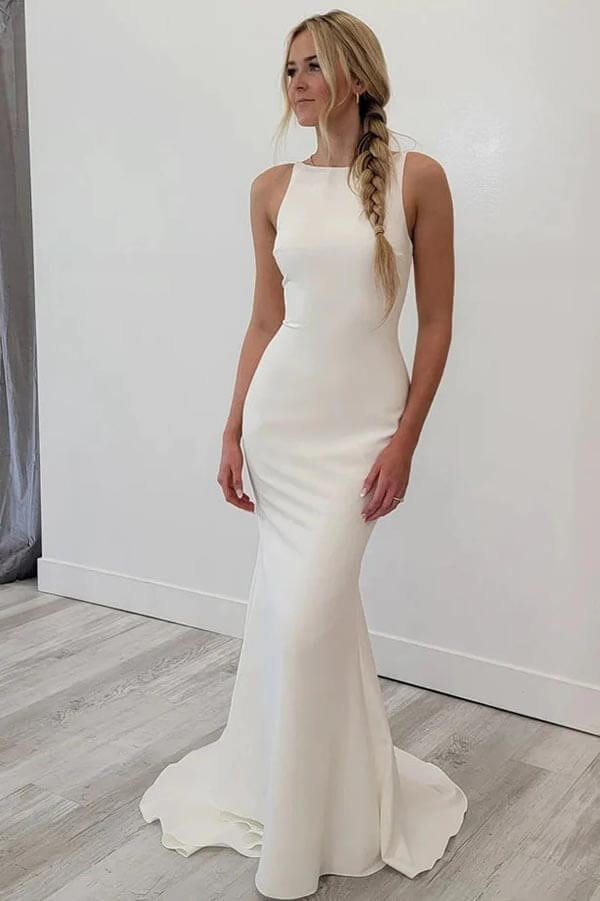 Satin Mermaid Scoop Neck Open Back Wedding Dresses MW897 | Musebridals Satin Mermaid Scoop Neck Open Back Wedding Dresses MW897 | Musebridals