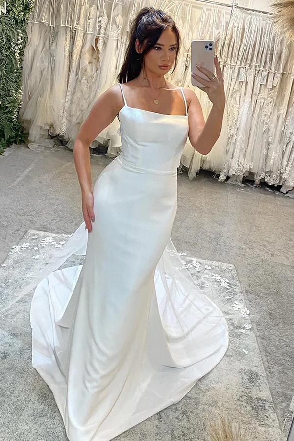 Satin Spaghetti Straps Court Train Wedding Dresses MW903 | Musebridals Satin Spaghetti Straps Court Train Wedding Dresses MW903 | Musebridals