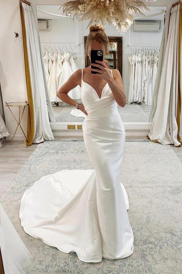 Mermaid Spaghetti Straps Pleated Wedding Dresses MW896 | Musebridals Mermaid Spaghetti Straps Pleated Wedding Dresses MW896 | Musebridals
