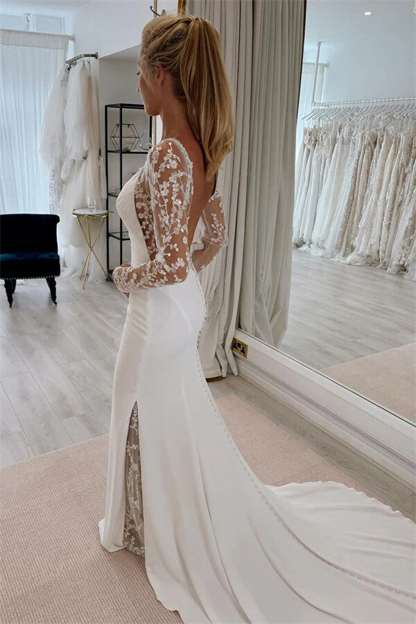 long sleeve backless satin wedding dress Mermaid Lace Dress, MW1163 White Backless Lace Dress Texture Sizes:S Sheath 2